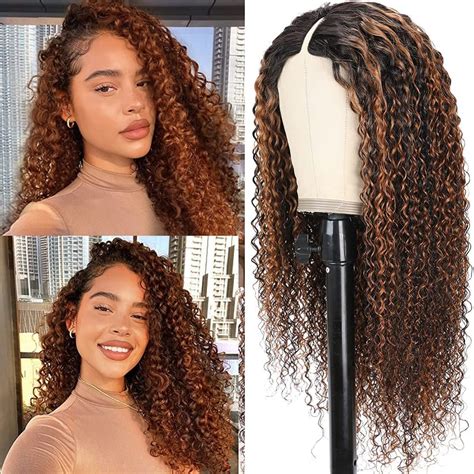Buy Klaiyi Ombre Brown Curly U Part Wig Human Hair V Part Wig Balayage Highlights Glueless Human
