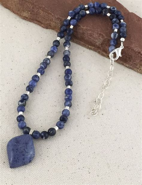 Denim Lapis Pendant Necklace On Beaded Strand Of Blue Sodalite And