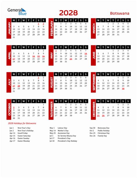 2028 Botswana Calendar With Holidays