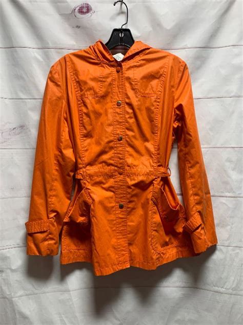 Retro Bright Orange Button Up Rain Jacket Windbreaker With Hood And