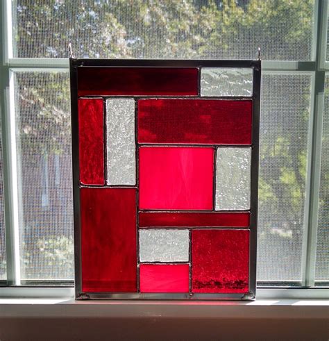 Stained Glass Panel Red Stained Glass Window Geometric Etsy Stained Glass Panel Stained