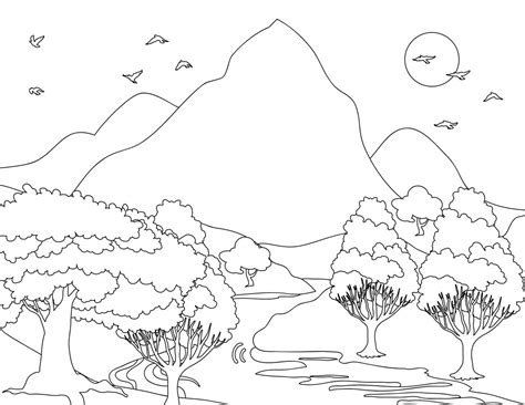 Desenhos De Natureza Para Colorir Paisagem Montanhas Mar