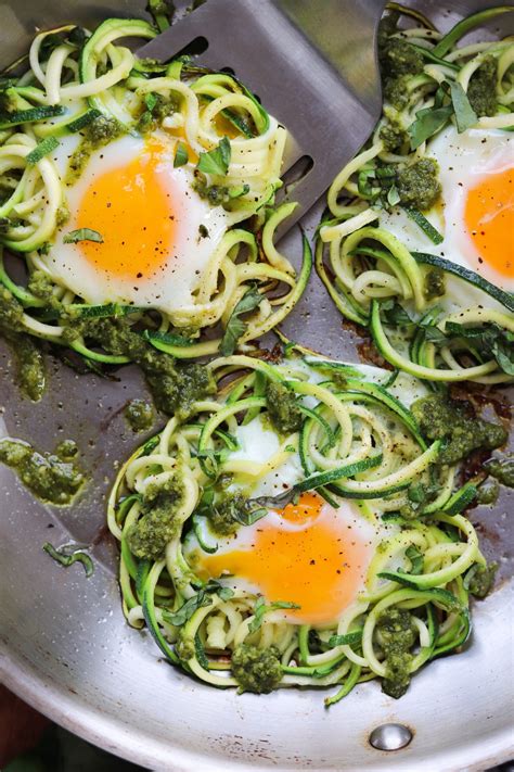 Spiralized Zucchini Pesto And Egg Nests Cook At Home Mom