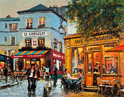 Painting Print Of Cafes On Streets Of Montmartre Paris France