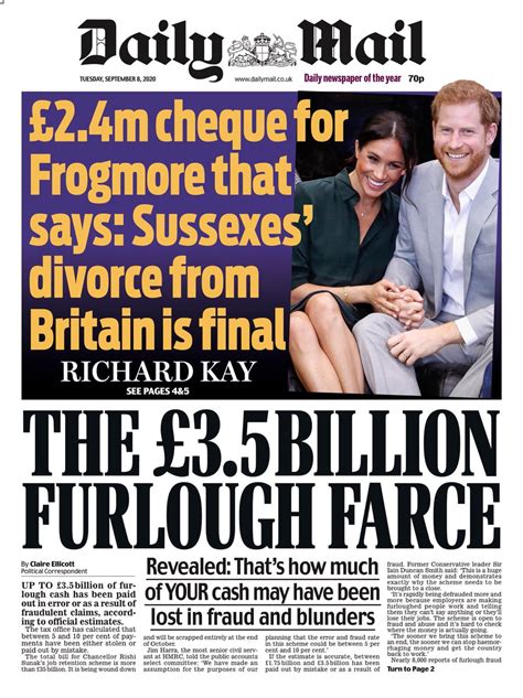 Daily Mail Front Page 8th Of September 2020 Tomorrows