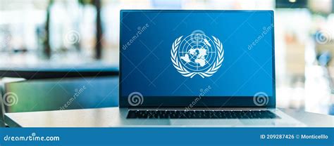 Laptop Computer Displaying Logo Of The United Nations Un Editorial