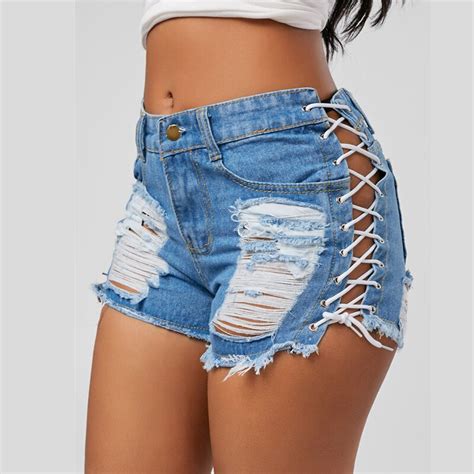 Women Sexy Hollow Out Ripped Straps Shorts Summer Hole Denim Jeans