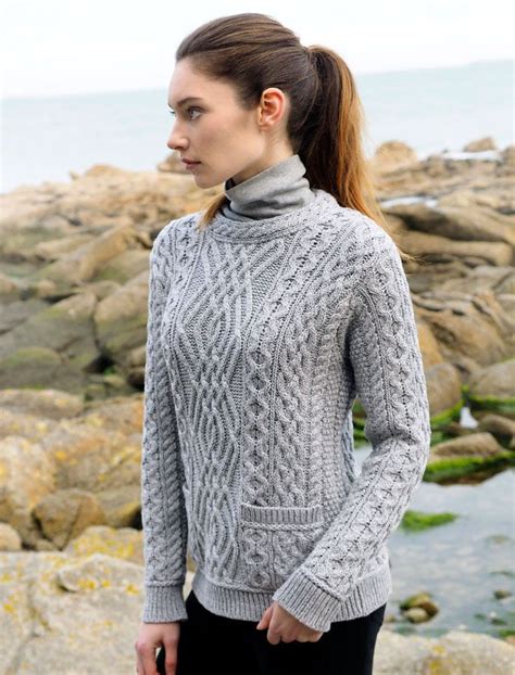 Cable Crew Neck Sweater With Pockets Irish Sweater Irish Knit