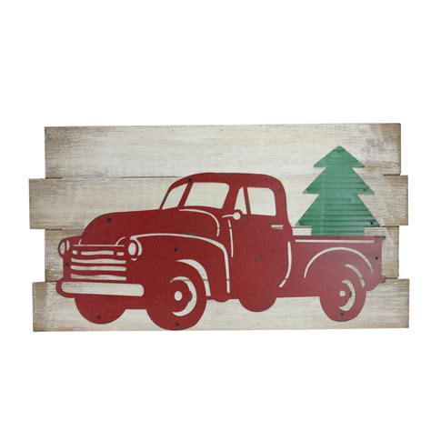 Little metal christmas red truck vintage tree decor handcrafted children gift. 28" Rustic Wood and Metal Red Truck Carrying Tree Wall Art