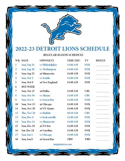 Detroit Lions Schedule 2023 Printable