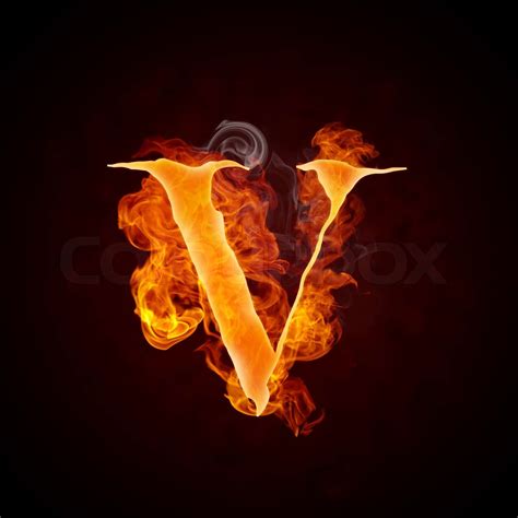 Fire Letters V Isolated On Black Background Stock Image Colourbox