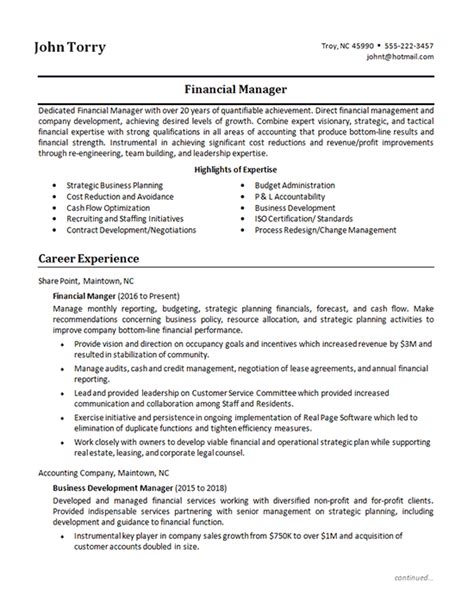 Finance Manager Resume Example Financial Business Development