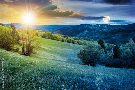 Time Change Above Rural Landscape In Mountains Countryside Scenery On