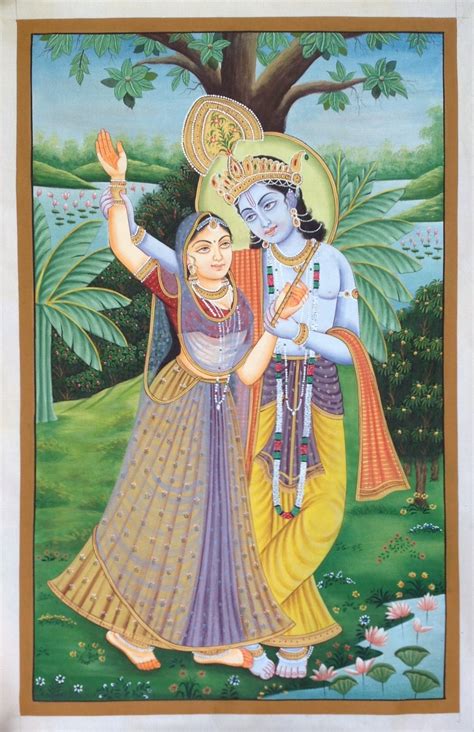 Lord Krishna Radha Painting Handmade Watercolor Hindu Religious God Goddess Art