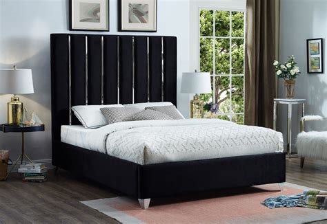 The fabric comes in either a blue slate or grey color, allowing you. Berwyn Modern Black Velvet King Platform Bed with Tall Chrome Channel Headboard