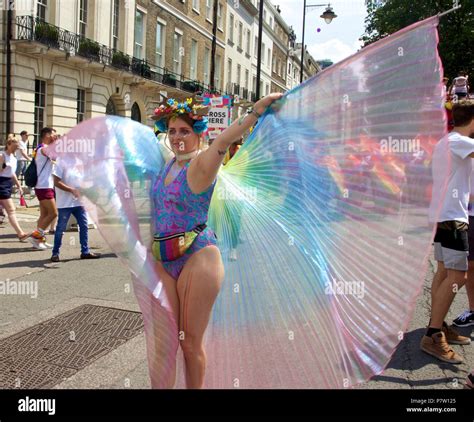 London Uk 7th July 2018 A Woman In A Swimming Costume And A Rainbow
