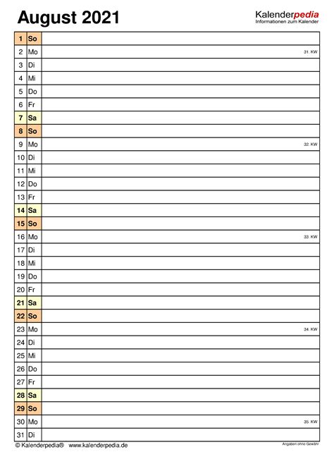 Jede seite zeigt feiertage und . Kalender August 2021 als PDF-Vorlagen