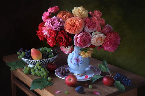 Still Life With Garden Roses And Fruit Photograph By Tatyana Skorokhod