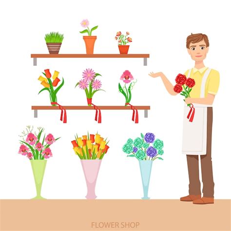 Male Florist In The Flower Shop Demonstrating The Assortment Premium
