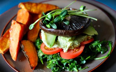Portobello Mushroom Stack With Sweet Potato Wedges Vegan One Green