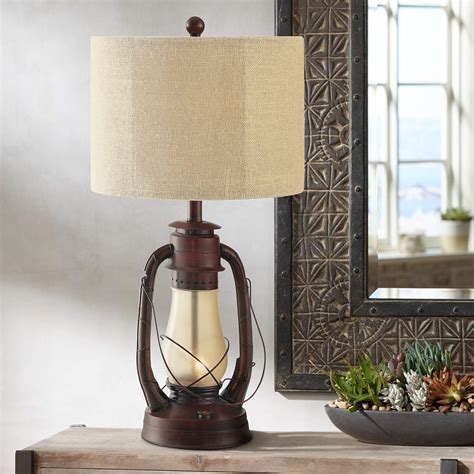Crestview Rustic Red Lantern Table Lamp With Nightlight 8v258