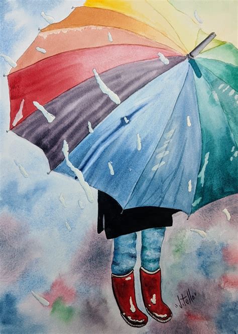 Rainy Day Umbrella Watercolor Painting Free Shipping Etsy