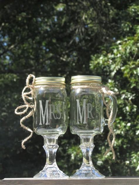 Pair Of Personalized Mr Mrs Mason Jar Redneck Wine Toasting Glasses