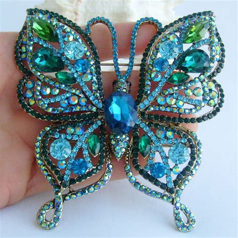 Blue Green Rhinestone Crystal Butterfly Brooch Pin Pendant