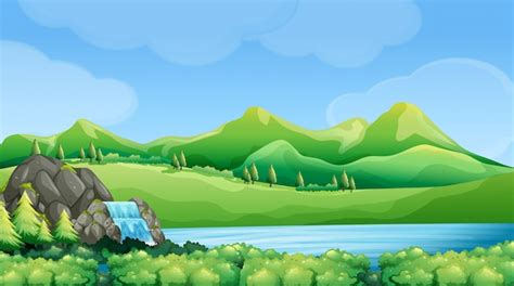 Premium Vector Nature Scene With Waterfall And Mountains