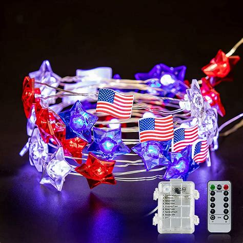 10ft 40led American Flag Stars String Lights With Remote Timer Usa