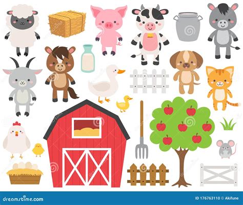 Cute Farm Animal Cartoon Set Vector Illustration Adorable Ranch