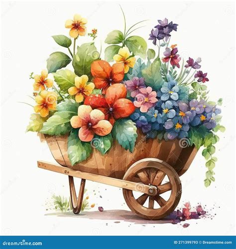 Wheelbarrow Planter Plans With Beautiful Sping Flowers Watercolor