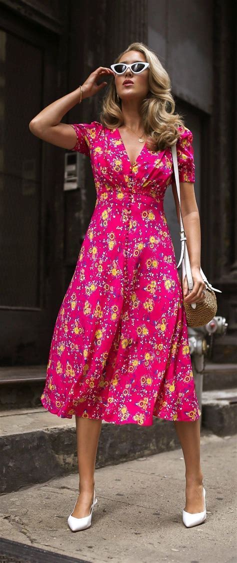 Summer Florals To Last Until Fall Pink Silk Floral Midi Dress With Plunging Neckline Faux