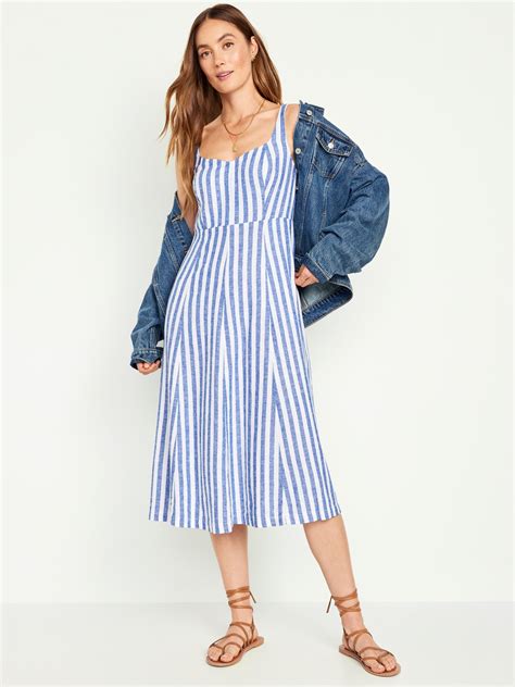 Fit And Flare Linen Blend Midi Dress For Women Old Navy