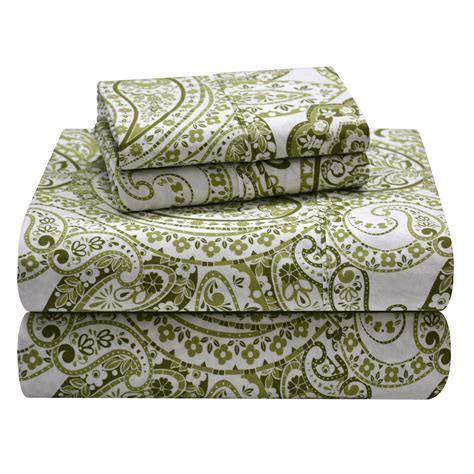 Boho Paisley Sage Combed Cotton Printed Sheet Set Queen Boho Paisley
