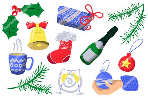 Christmas And New Year Vector Sticker Set By Rabbit And Pencil