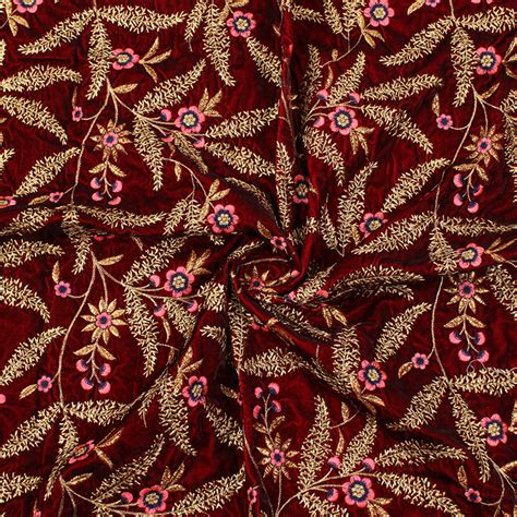 Buy Dark Maroon Golden And Pink Floral Design Velvet Embroidery Fabric