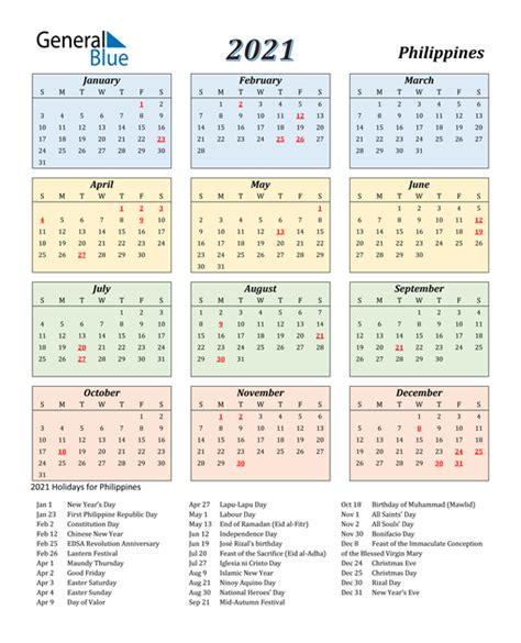 2021 Calendar Philippines With Holidays Printable Free Letter Templates