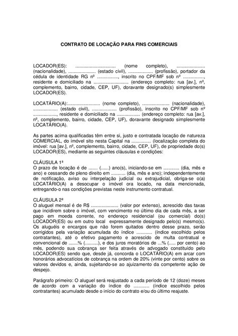 Contrato De Locaçao Comercial Modelo De Contrato Docsity