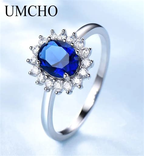 Umcho Luxury Blue الياقوت الأميرة Diana Rings للنساء الأصلي 925 الجنيه الاسترليني الفضة