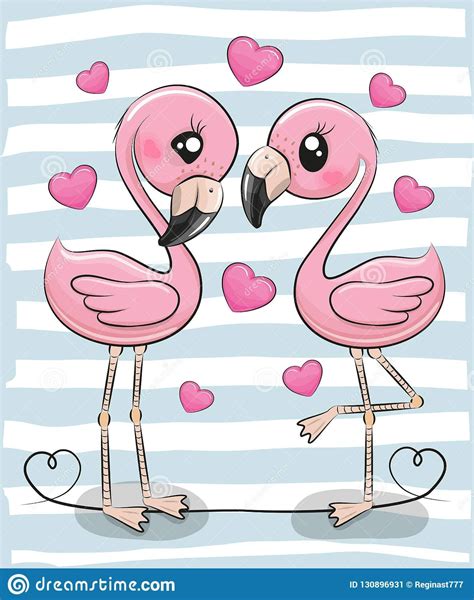 Illustration About Two Cute Cartoon Flamingos On A Blue Background