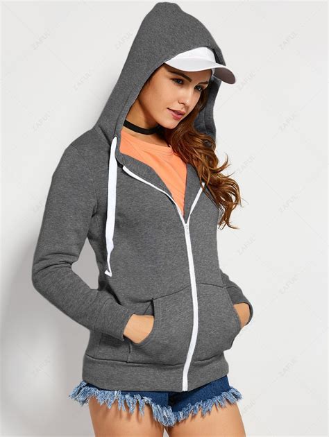 28 Off 2021 Drawstring Zip Up Hoodie With Pocket In Deep Gray Zaful