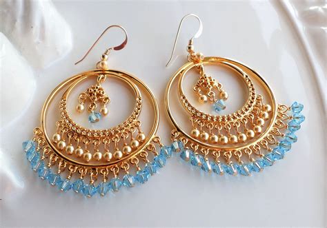 Blue Crystal Chandelier Gold Earrings Large Gold Hoop Etsy Big Gold