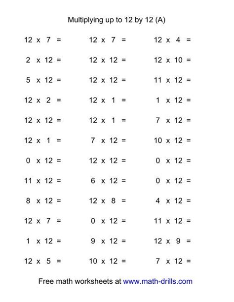 36 Horizontal Multiplication Facts Questions 12 By 0 12 A