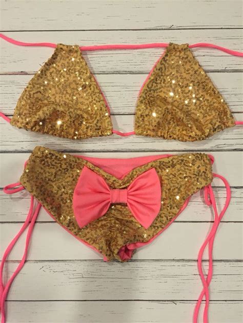 Gold Sequin Bikini With A Salmon Bow Perfect For Vegas Pool Parties