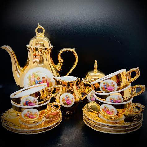 Vintage Gold Demitasse Coffee Cups And Saucers 22kt Bondware Porcelain Cream Jug Sugar Pot