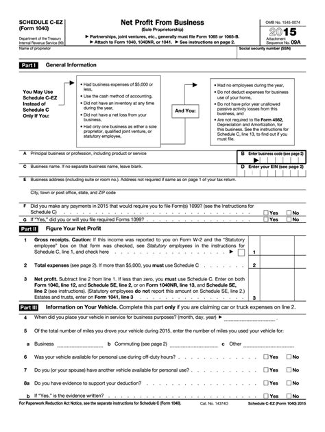 2015 Form Irs 1040 Schedule C Ez Fill Online Printable Fillable