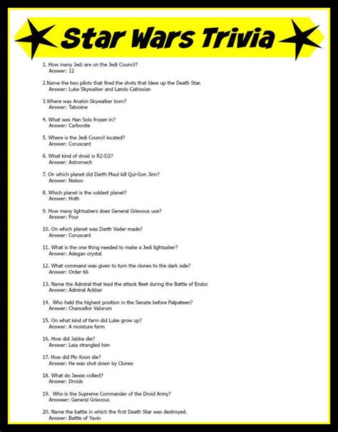 Star Wars Trivia Questions And Answers Printable Challenge Your