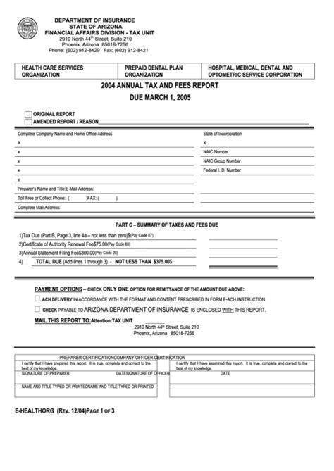 Start your free online quote and save $610! Fillable 2004 Annual Tax And Fees Report - Arizona Department Of Insurance printable pdf download
