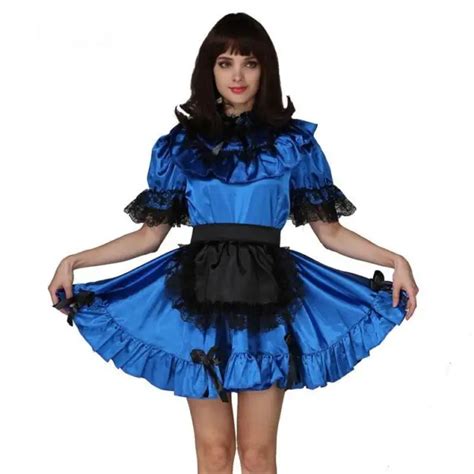 Sexy Girl Sissy Maid Blue Satin Lockable Dress Cosplay Costume Tailored